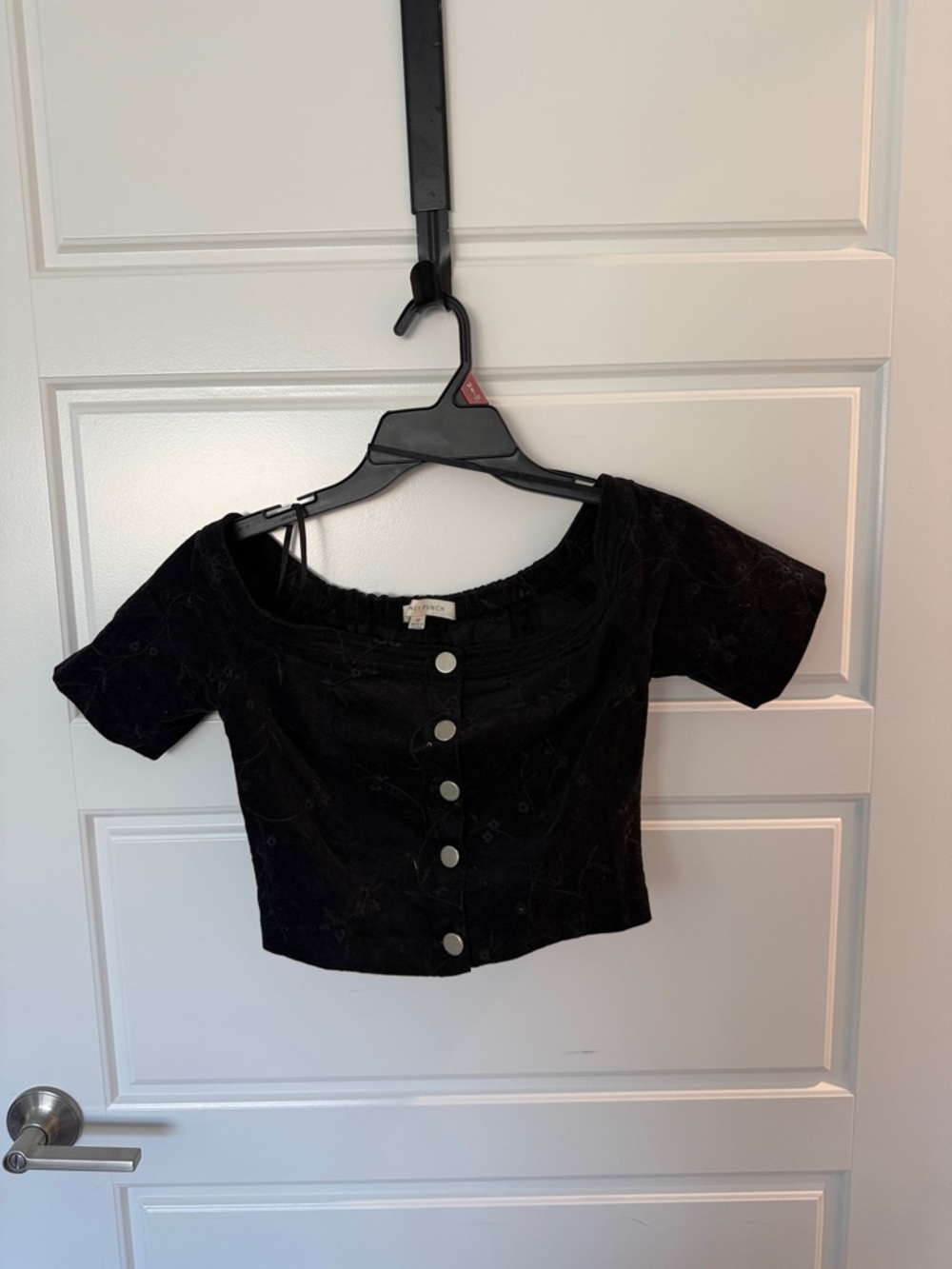 Black Off-Shoulder Button-Front Cropped Top